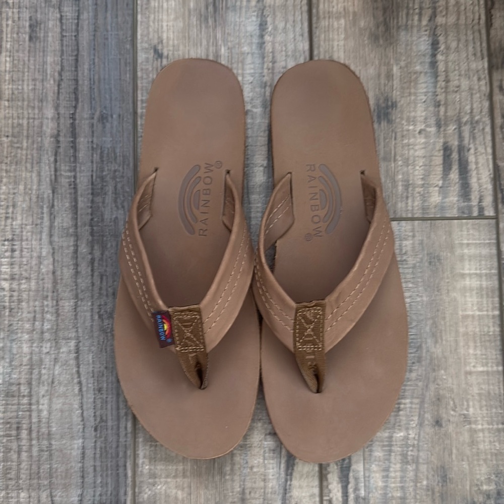 Rainbow Flip Flops- Double layer Luxury Leather-worn twice. Women’s LG (7.5-8.5)